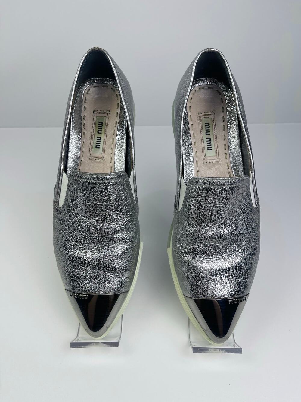 Miu Miu Silver Metallic Leather Pointed Toe Slip On Sneakers Size 5.5 (EU 35.5)